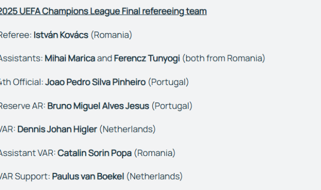 欧冠决赛巴黎VS国米裁判安排出炉 罗马尼亚名哨执法